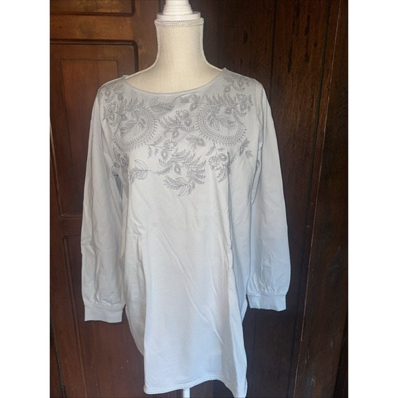 J. Jill Tops - Womens J Jill Pure Jill Embroidered Neck Blue Tunic 100% Cotton Long Sleeve Sz M
